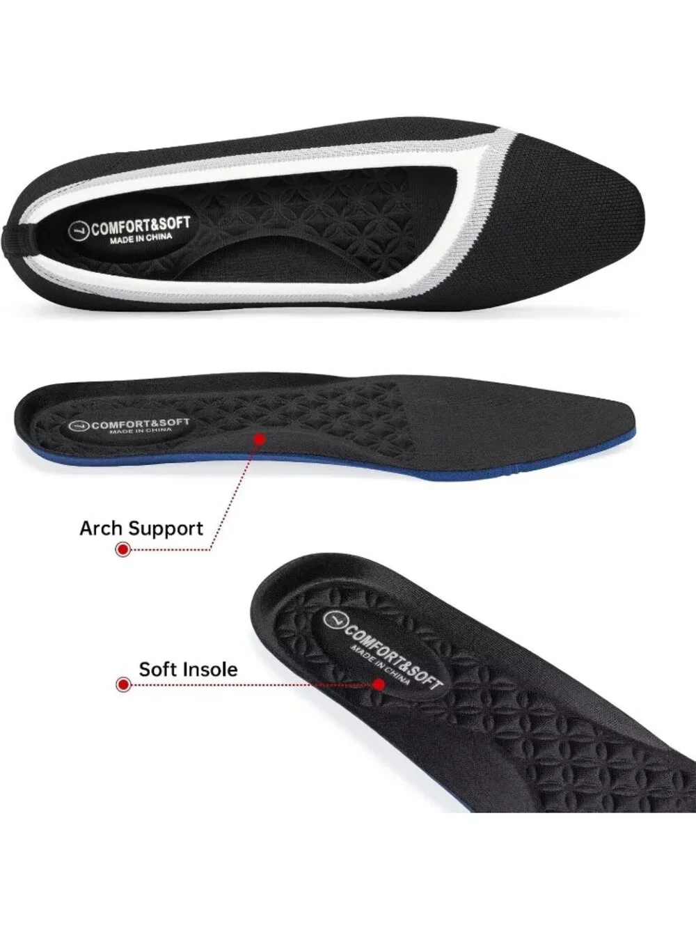 Frank Mully Women's Black Rubber Knitted Square Toe Comfortable Slip On Flats